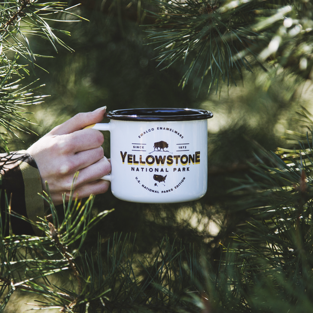KEYWAY | Emalco - Yellowstone Large Enamel Mug, Handcrafted by Artisans in Poland, Selection Action Group Shot