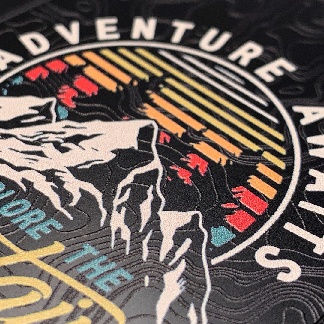 Zoomed in detailed shot of the crisp topographical map with Explorer badge printed on matte black impact acrylic Galaxy Note 9 Case by Keyway Designs
