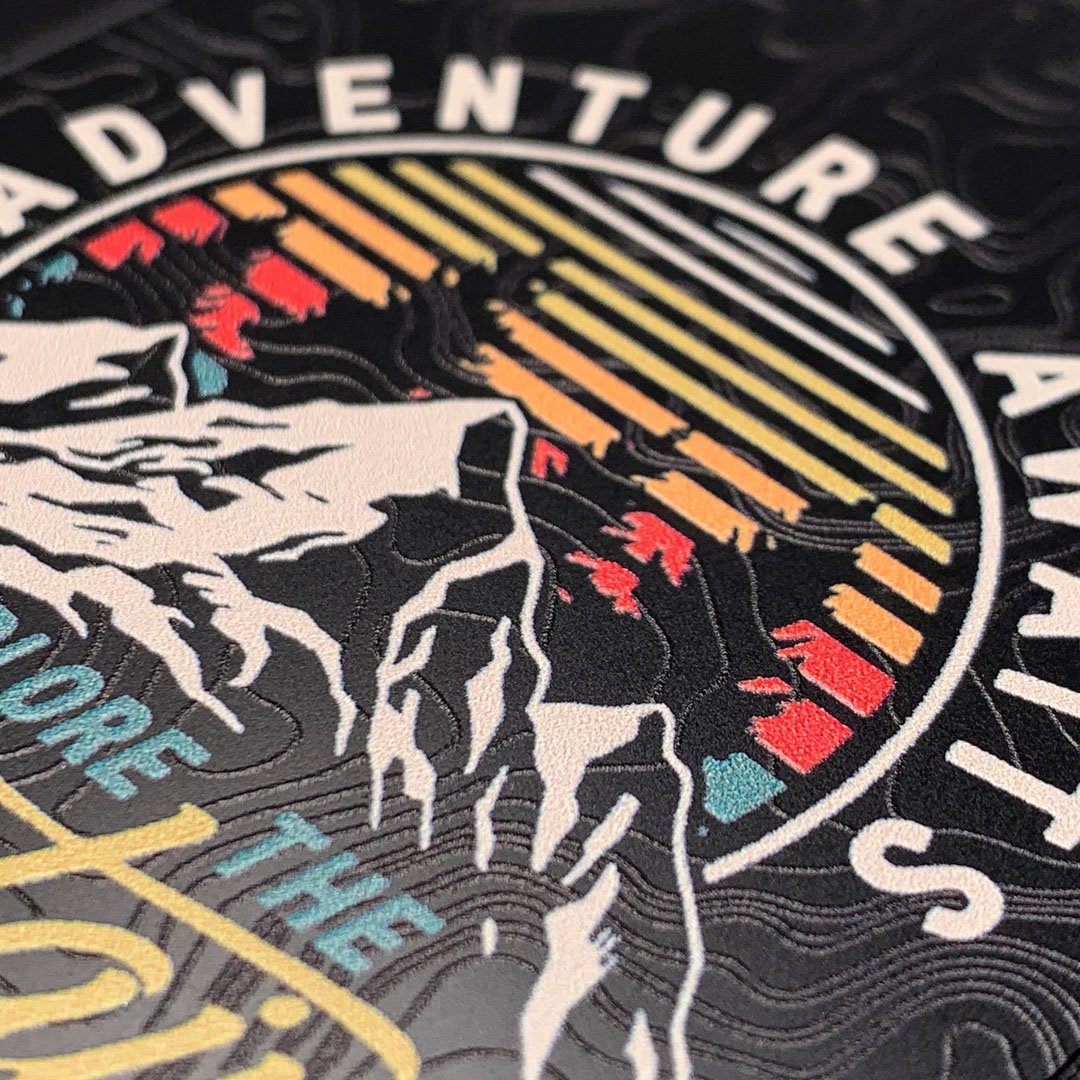 Zoomed in detailed shot of the crisp topographical map with Explorer badge printed on matte black impact acrylic Galaxy S10+ Case by Keyway Designs