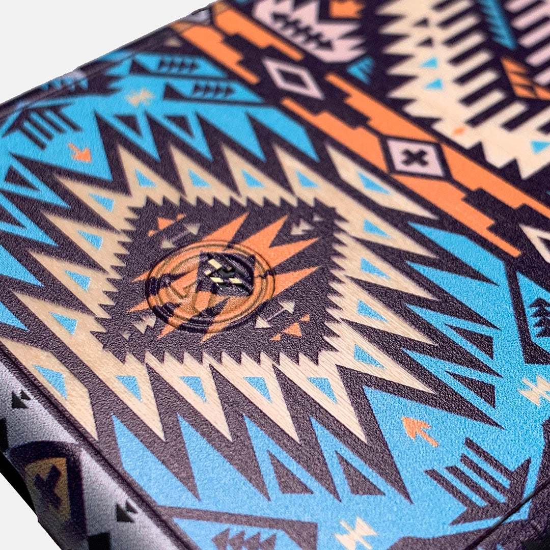 Zoomed in detailed shot of the vibrant Aztec printed Maple Wood iPhone 7/8 Case by Keyway Designs