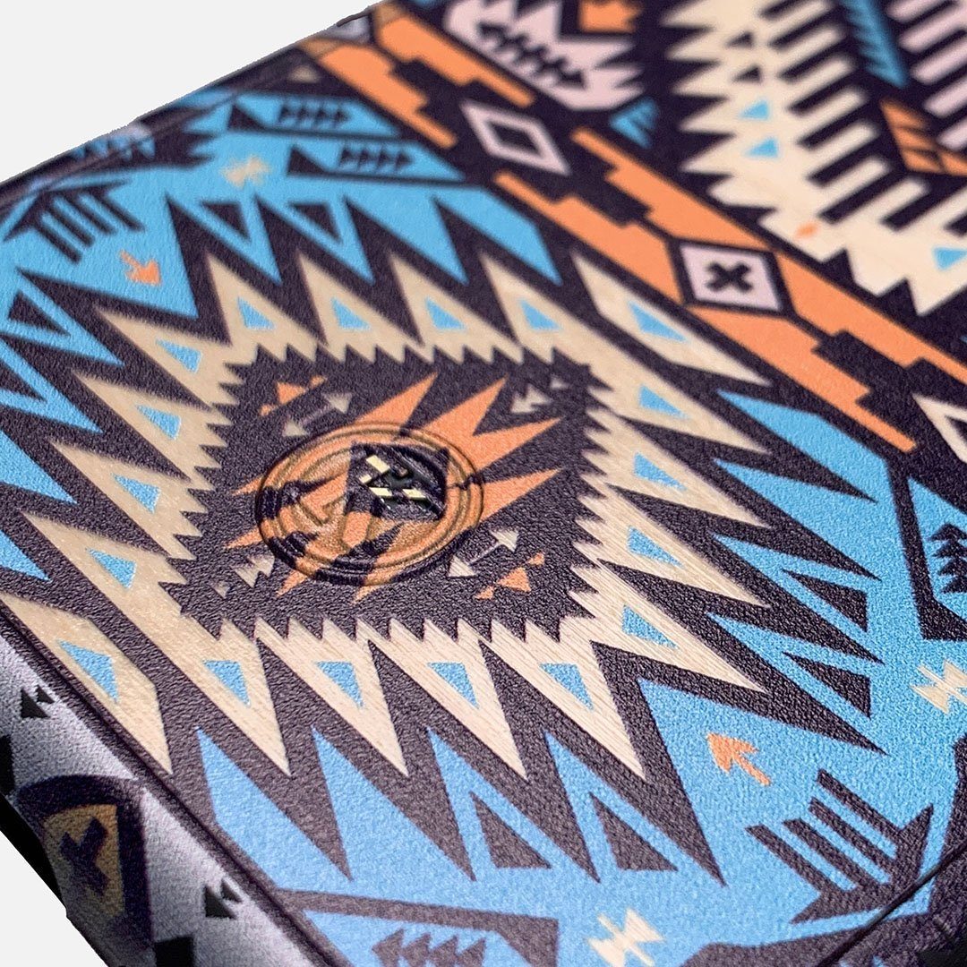 Zoomed in detailed shot of the vibrant Aztec printed Maple Wood Galaxy Note 9 Case by Keyway Designs