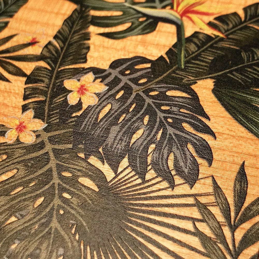 Zoomed in detailed shot of the Floral tropical leaf printed Cherry Wood Galaxy Note 10 Plus Case by Keyway Designs