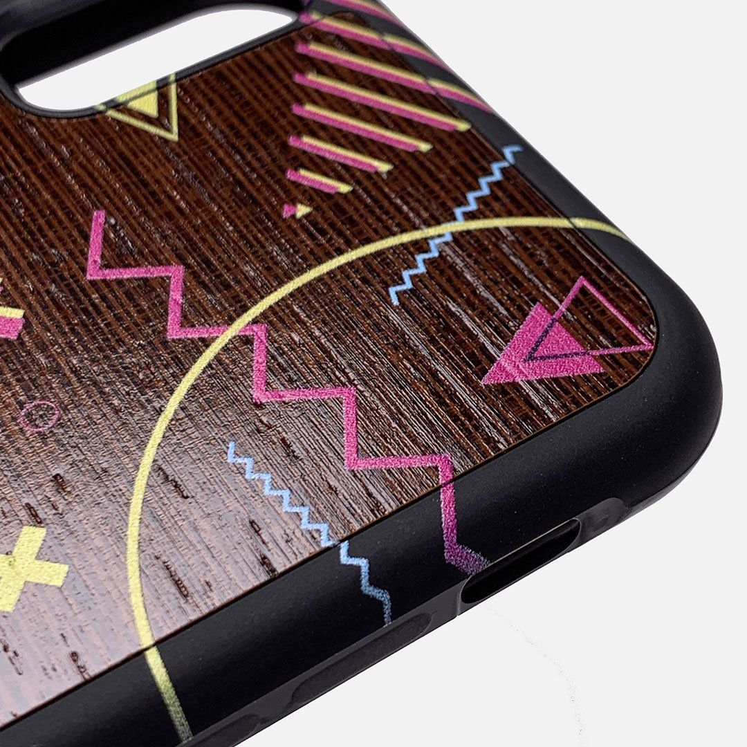 Zoomed in detailed shot of the 90's inspired, Bayside High esque, printed Maple Wood iPhone 7/8 Case by Keyway Designs