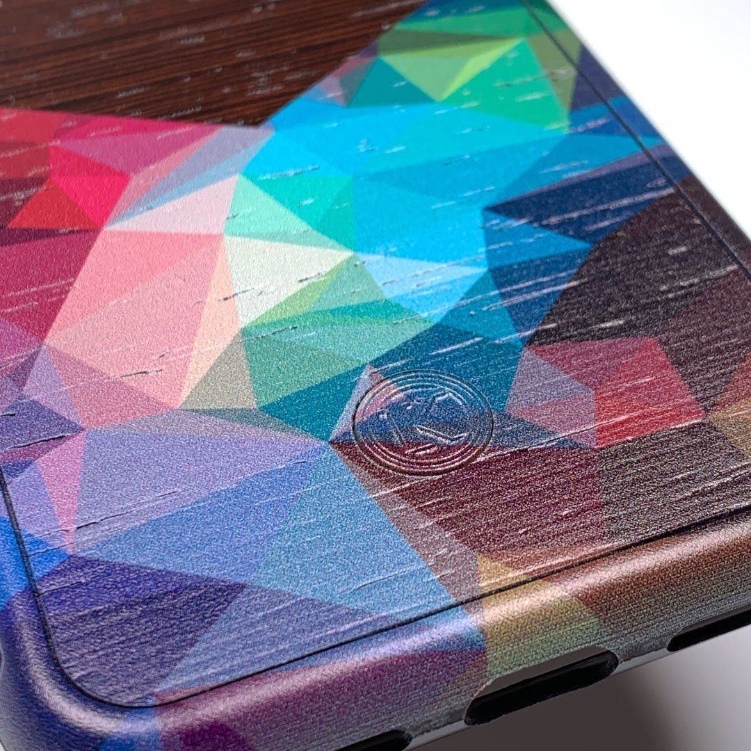 Zoomed in detailed shot of the vibrant Geometric Gradient printed Wenge Wood iPhone 12 Mini Case by Keyway Designs
