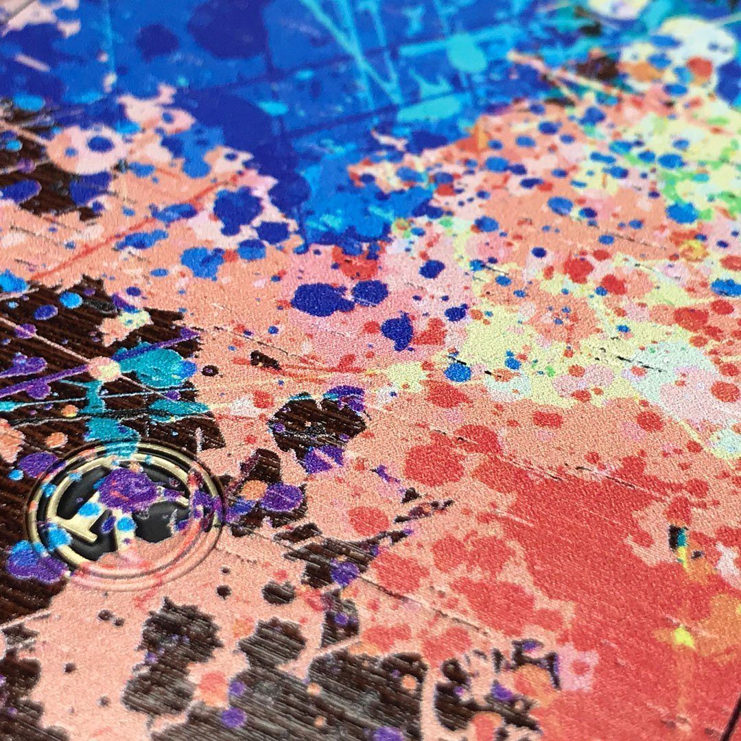 Zoomed in detailed shot of the realistic paint splatter 'Chroma' printed Wenge Wood Galaxy S8+ Case by Keyway Designs