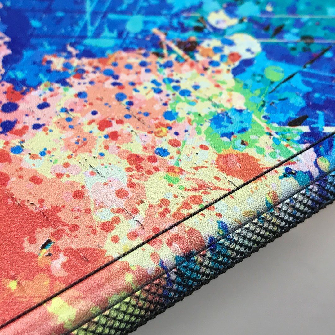 Zoomed in detailed shot of the realistic paint splatter 'Chroma' printed Wenge Wood iPhone 6 Case by Keyway Designs