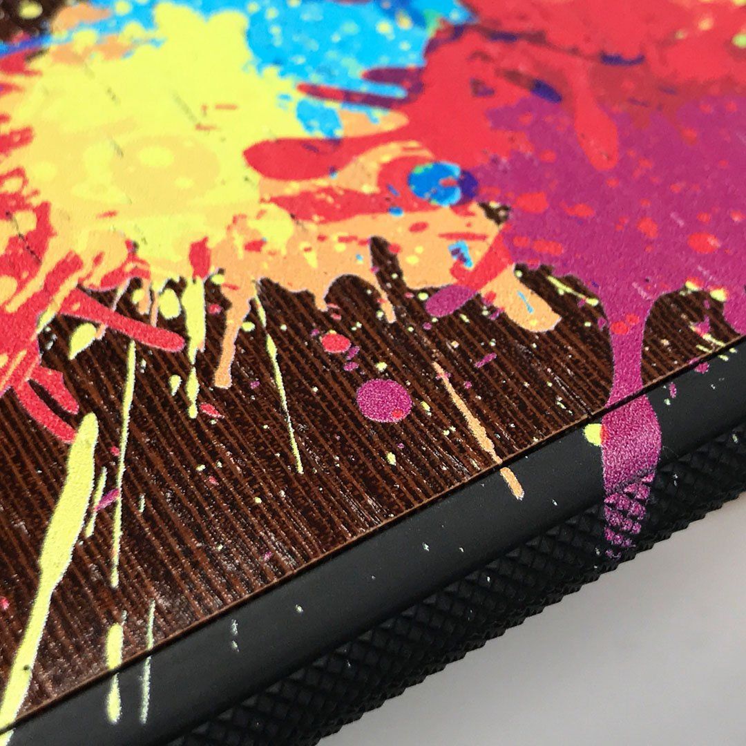 Zoomed in detailed shot of the illustration-style paint drops printed Wenge Wood iPhone 11 Pro Case by Keyway Designs