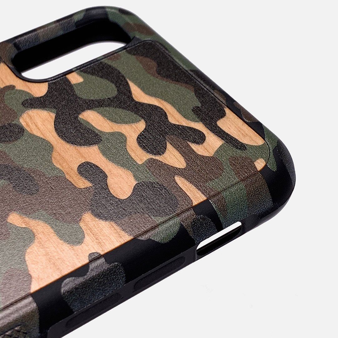 Zoomed in detailed shot of the stealth Paratrooper camo printed Wenge Wood iPhone X Case by Keyway Designs