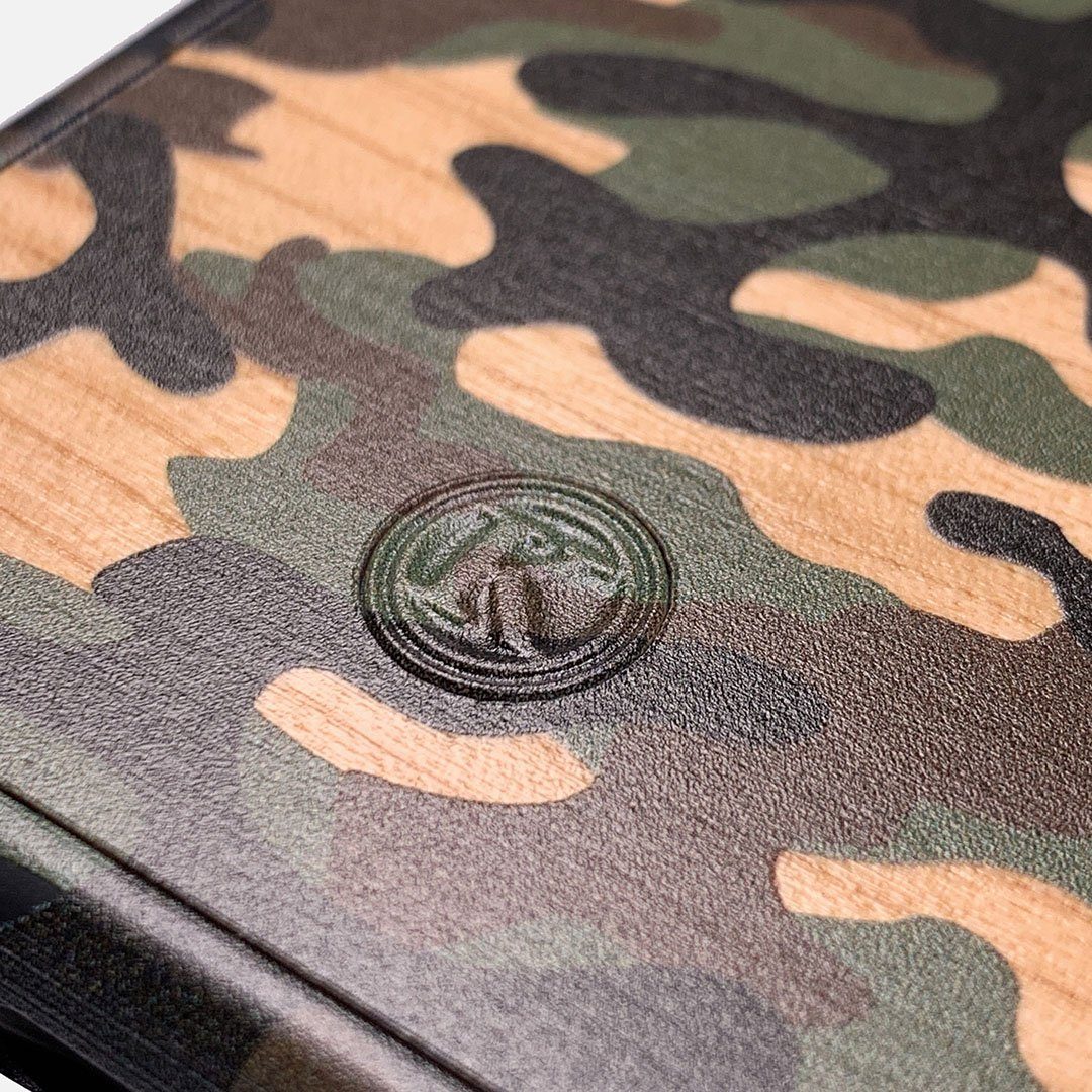 Zoomed in detailed shot of the stealth Paratrooper camo printed Wenge Wood iPhone XR Case by Keyway Designs