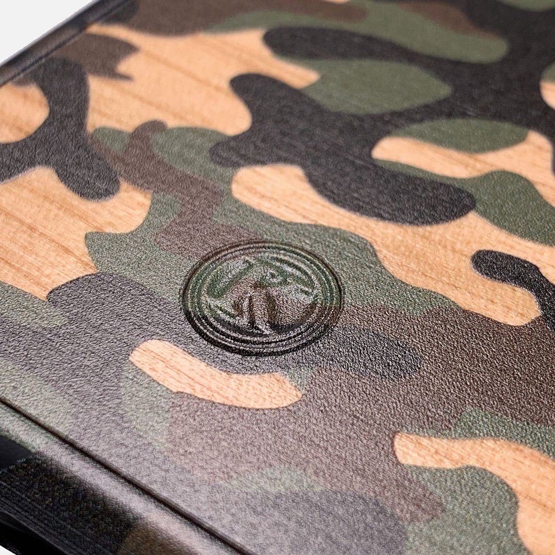 Zoomed in detailed shot of the stealth Paratrooper camo printed Wenge Wood iPhone 7/8 Case by Keyway Designs