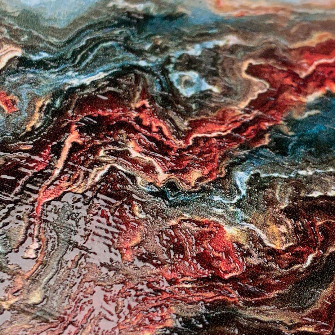 Zoomed in detailed shot of the vibrant and rich Red & Green flowing marble pattern printed Wenge Wood iPhone 7/8 Plus Case by Keyway Designs