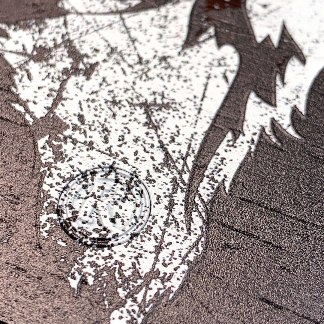 Zoomed in detailed shot of the high-contrast howling wolf on a full moon printed on a Wenge Wood iPhone XR Case by Keyway Designs