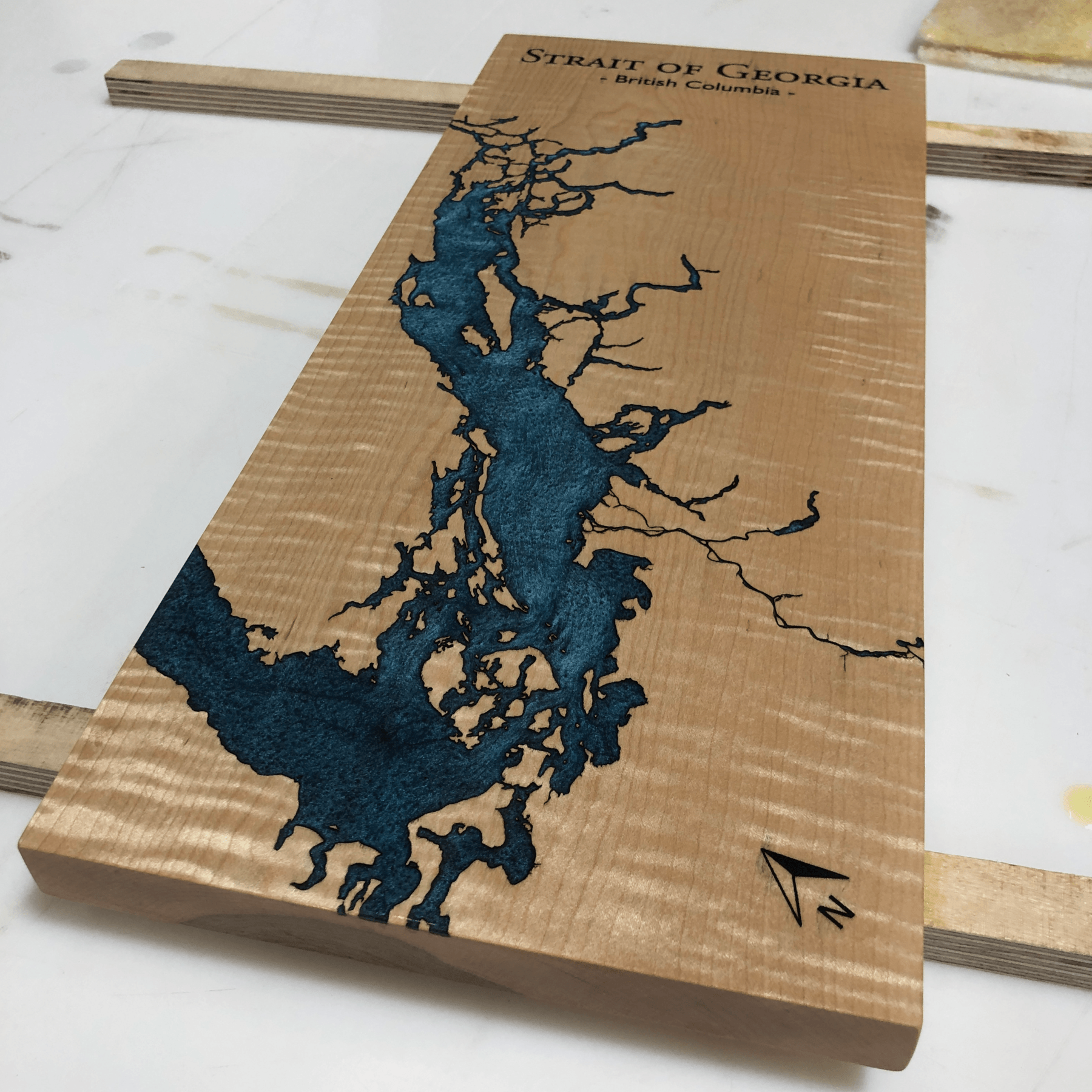 Custom Designed Straight of Georgia Maple and Blue Epoxy Lake Board by Keyway Designs