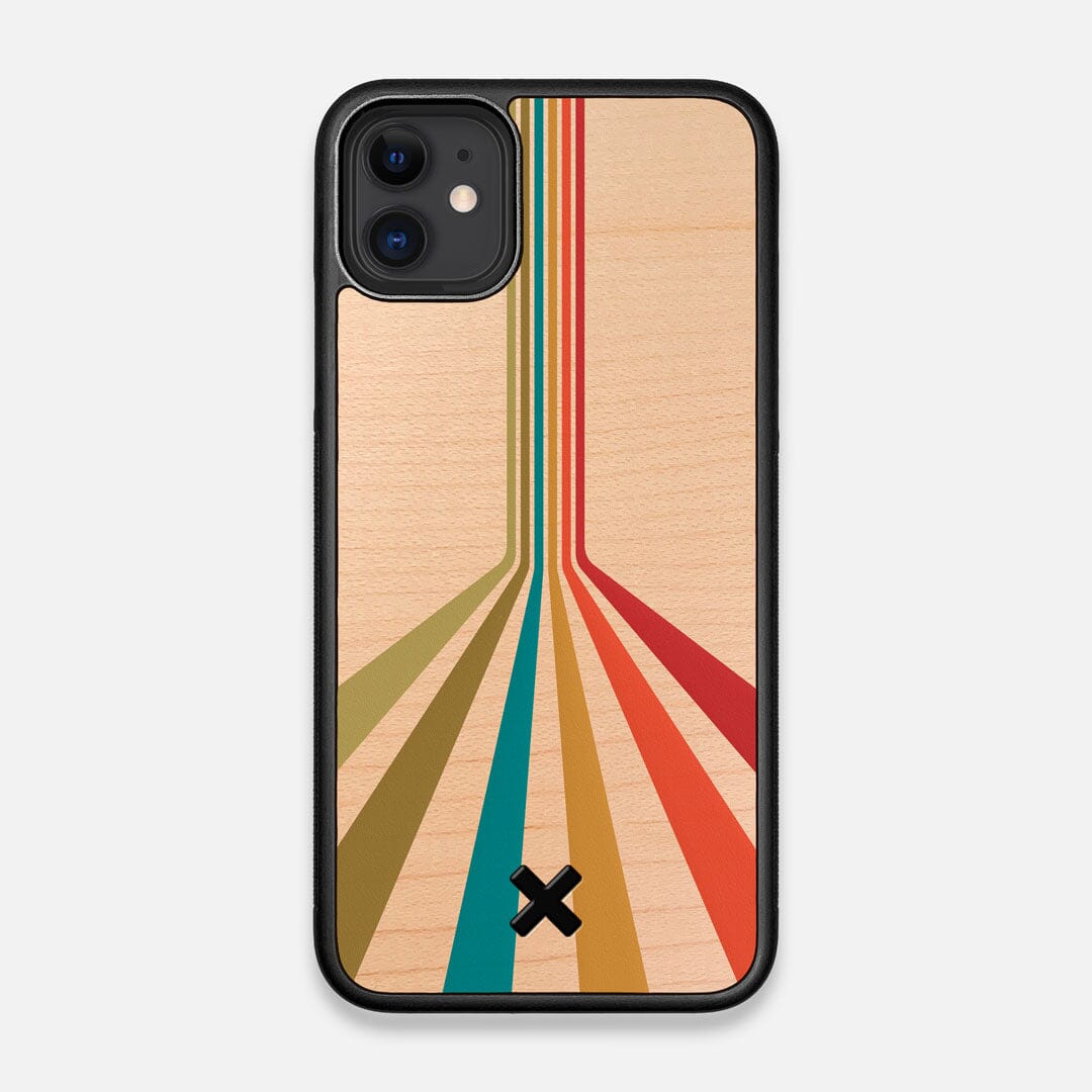 Front view of the array of colour beams splitting across the case printed on Maple wood iPhone 11 Case by Keyway Designs