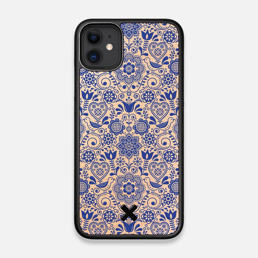 Front view of the blue floral pattern on maple wood iPhone 11 Case by Keyway Designs