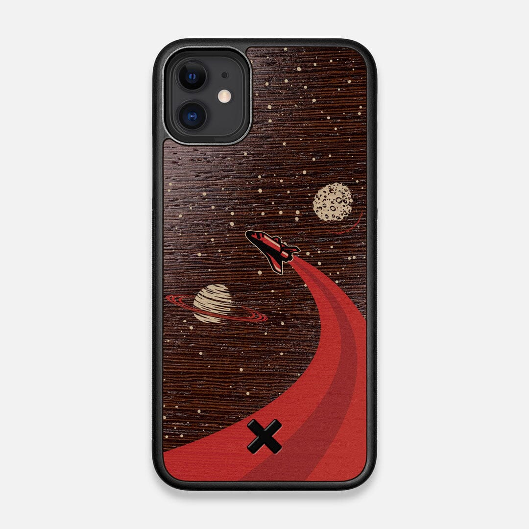 Front view of the stylized space shuttle boosting to saturn printed on Wenge wood iPhone 11 Case by Keyway Designs