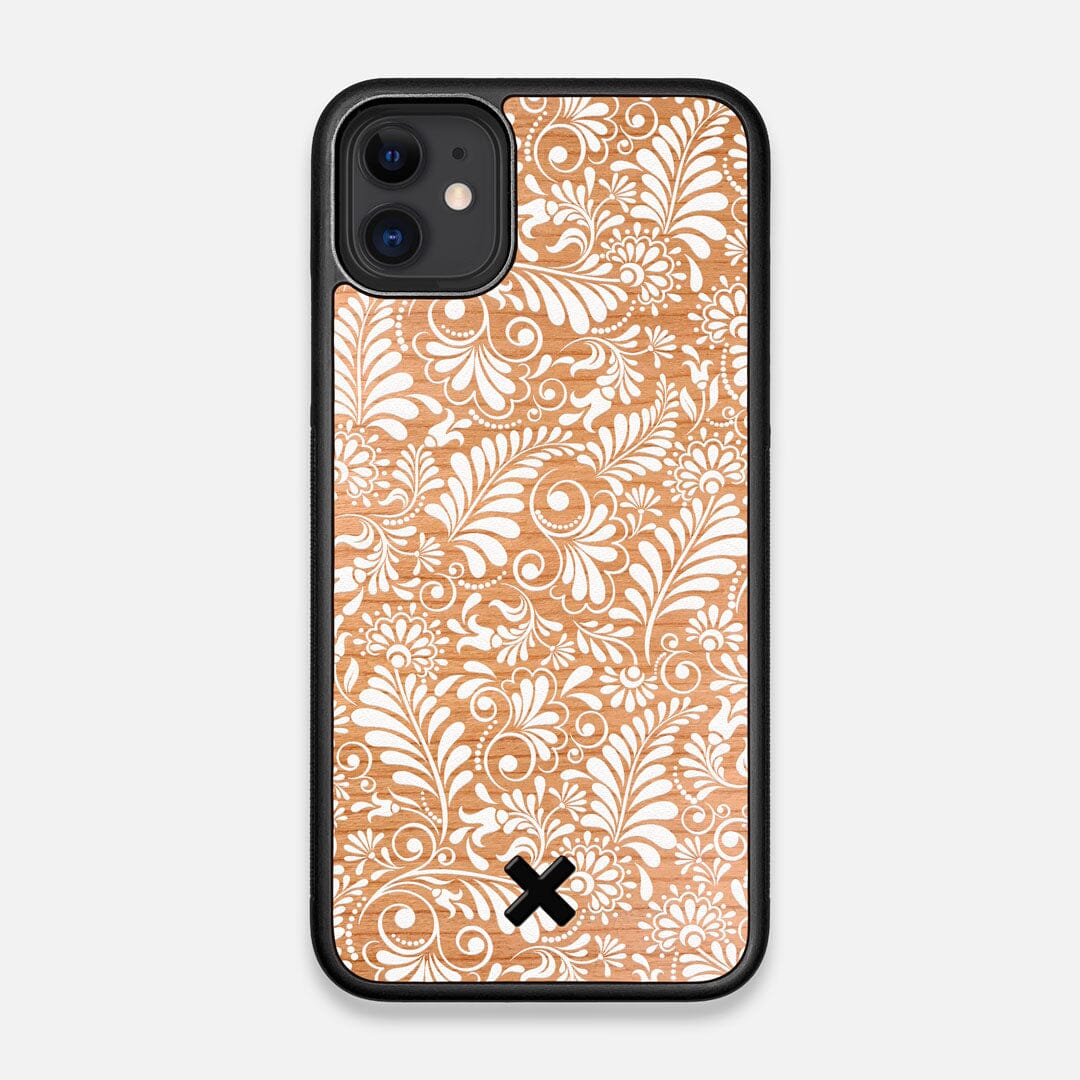Front view of the white ink flowing botanical print on Cherry wood iPhone 11 Case by Keyway Designs