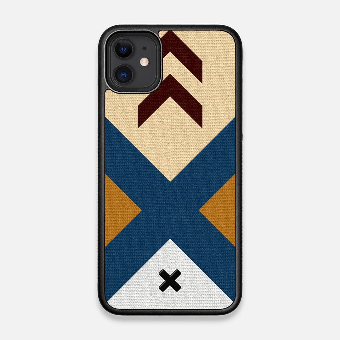 Front view of the Camp Adventure Marker in the Wayfinder series UV-Printed thick cotton canvas iPhone 11 Case by Keyway Designs