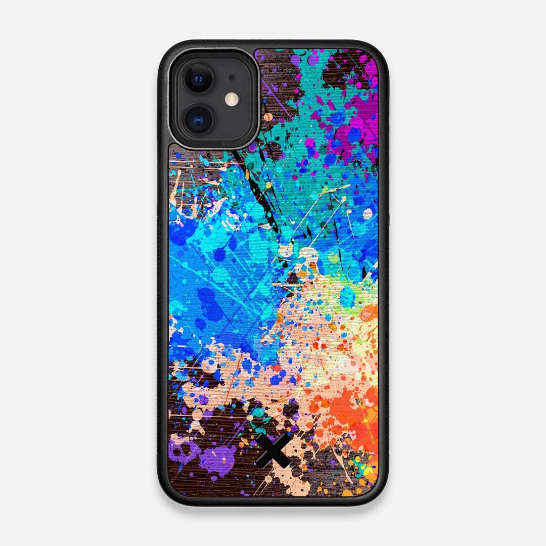 Front view of the realistic paint splatter 'Chroma' printed Wenge Wood iPhone 11 Case by Keyway Designs