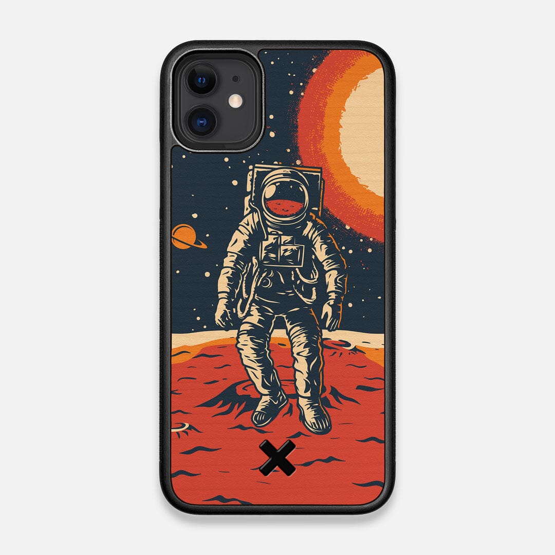 Front view of the stylized astronaut space-walk print on Cherry wood iPhone 11 Case by Keyway Designs