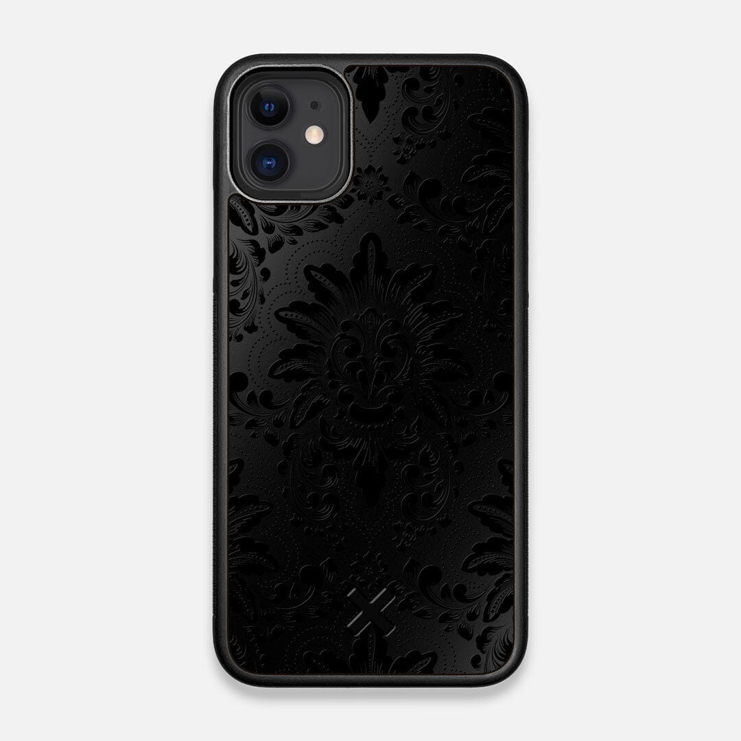 Front view of the detailed gloss Damask pattern printed on matte black impact acrylic iPhone 11 Case by Keyway Designs