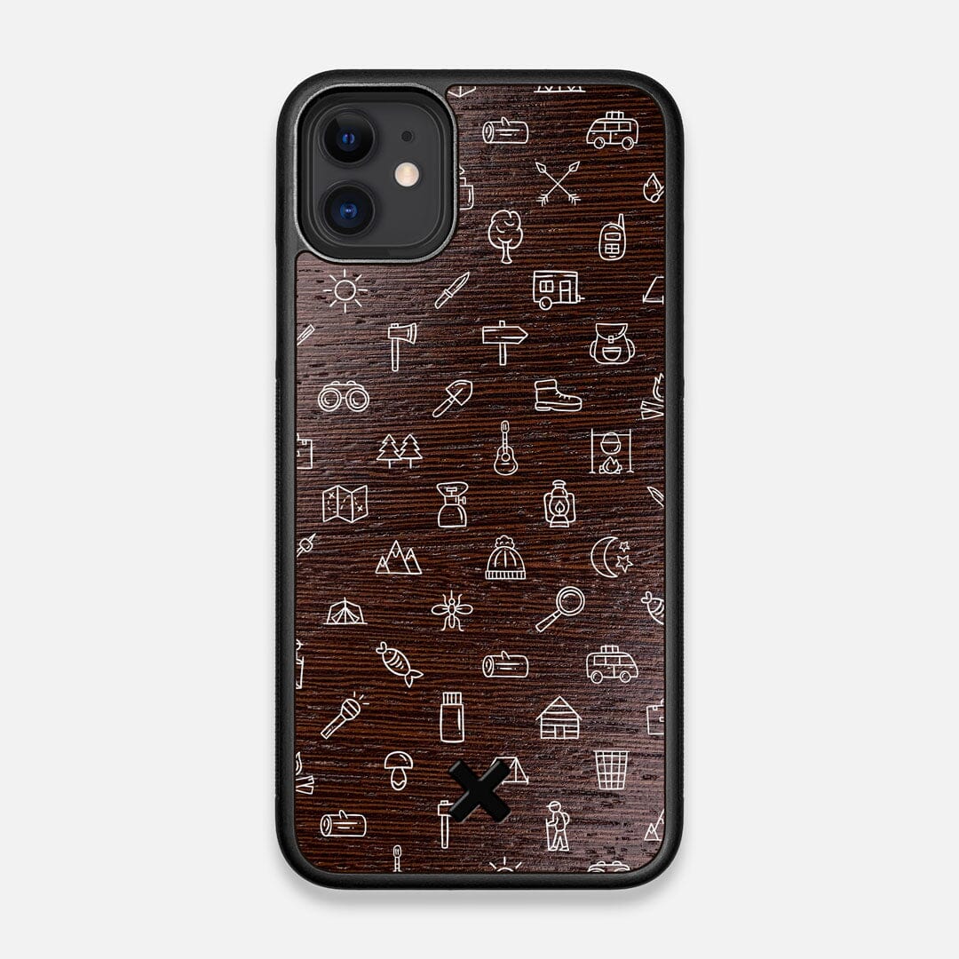 Front view of the fun detailed camping icon print on Wenge wood iPhone 11 Case by Keyway Designs