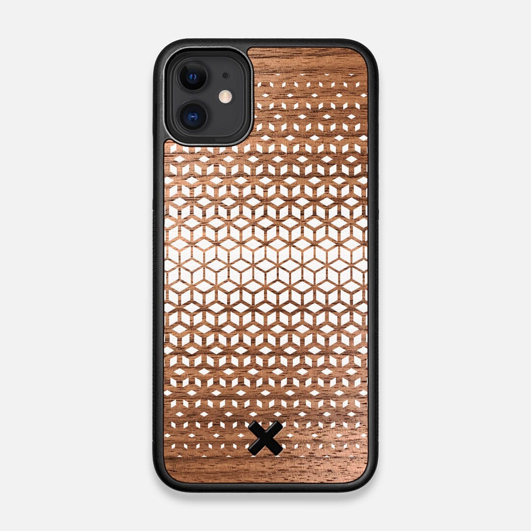 Front view of the white ink geometric gradient printed on Walnut wood iPhone 11 Case by Keyway Designs