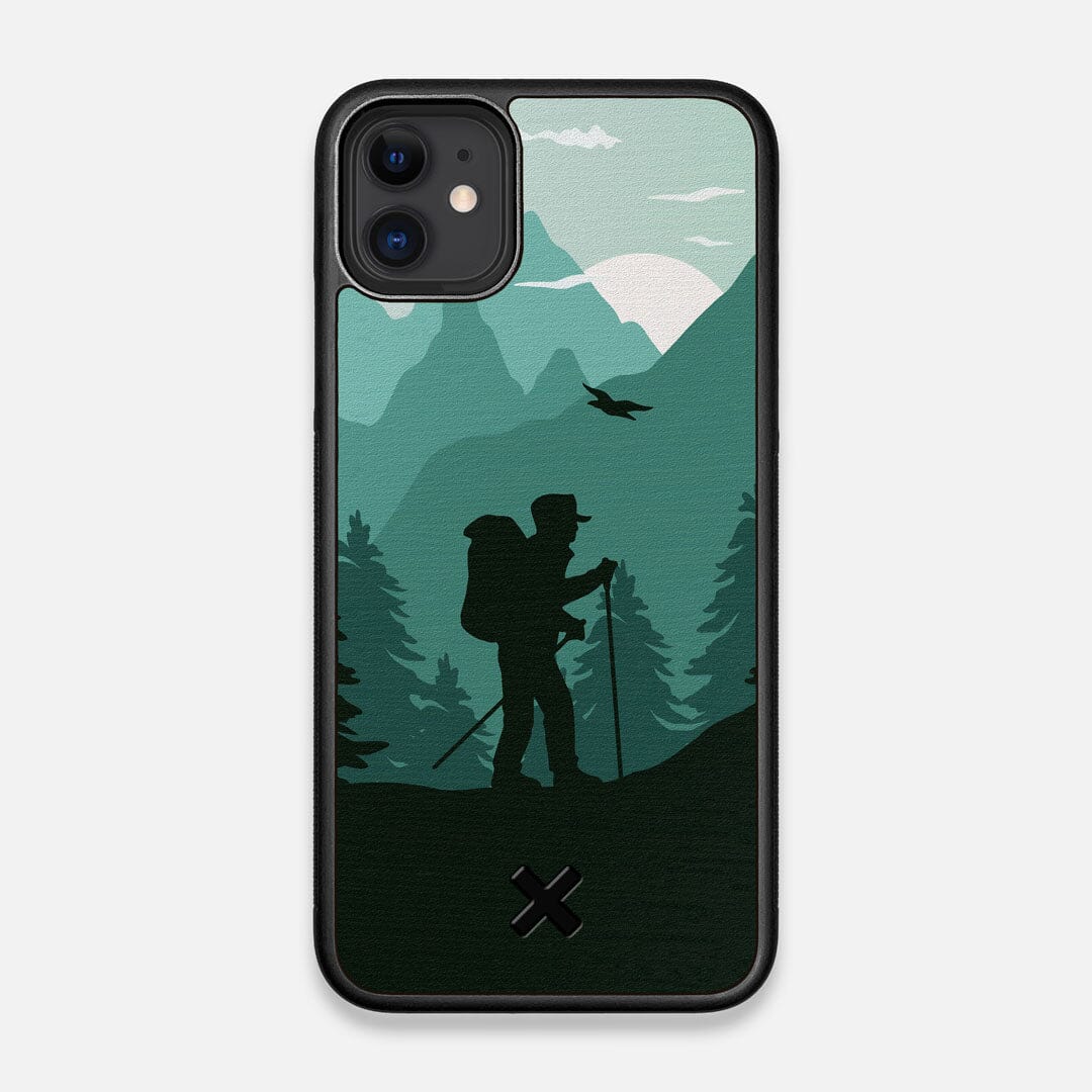 Front view of the stylized mountain hiker print on Wenge wood iPhone 11 Case by Keyway Designs