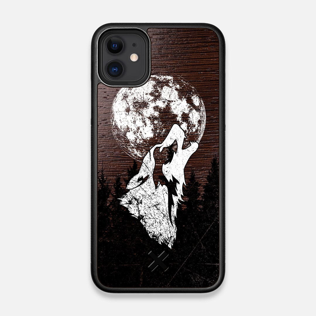 Front view of the high-contrast howling wolf on a full moon printed on a Wenge Wood iPhone 11 Case by Keyway Designs