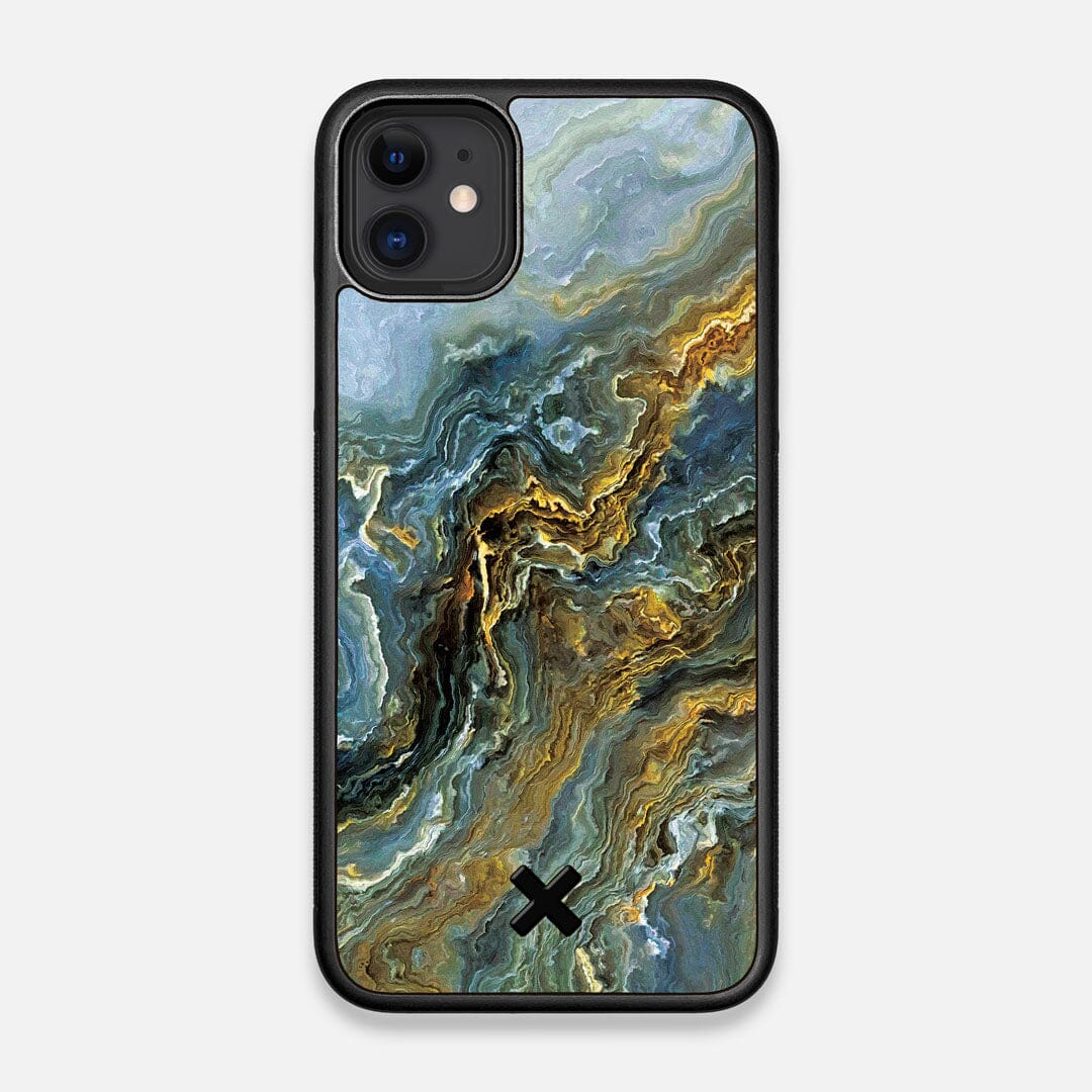Front view of the vibrant and rich Blue & Gold flowing marble pattern printed Wenge Wood iPhone 11 Case by Keyway Designs