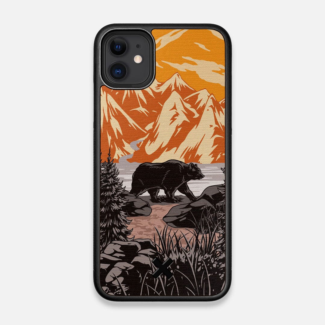Front view of the stylized Kodiak bear in the mountains print on Wenge wood iPhone 11 Case by Keyway Designs