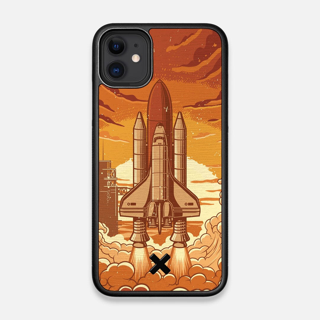 Front view of the vibrant stylized space shuttle launch print on Wenge wood iPhone 11 Case by Keyway Designs