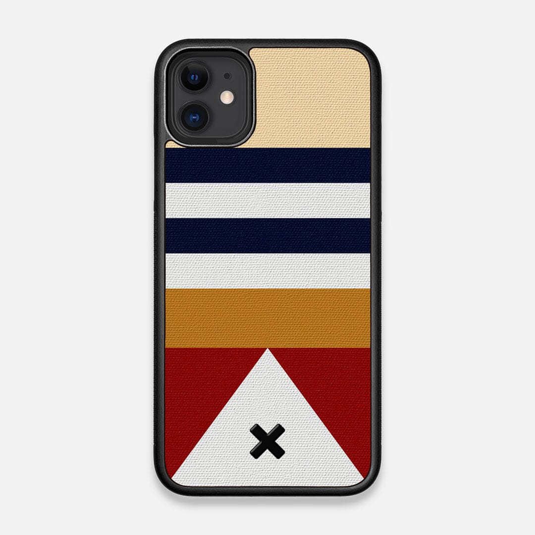 Front view of the Lodge Adventure Marker in the Wayfinder series UV-Printed thick cotton canvas iPhone 11 Case by Keyway Designs