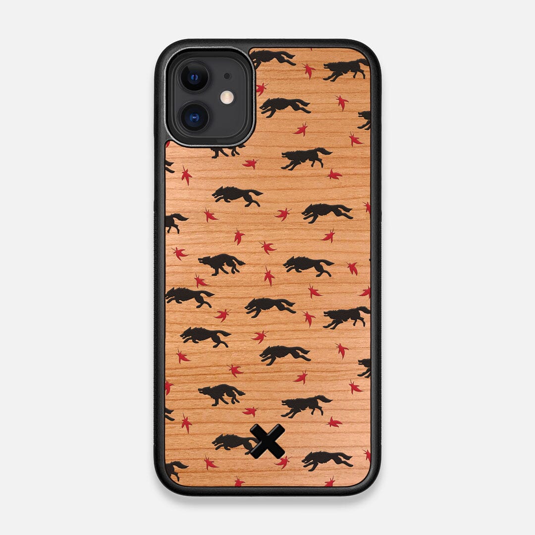 Front view of the unique pattern of wolves and Maple leaves printed on Cherry wood iPhone 11 Case by Keyway Designs