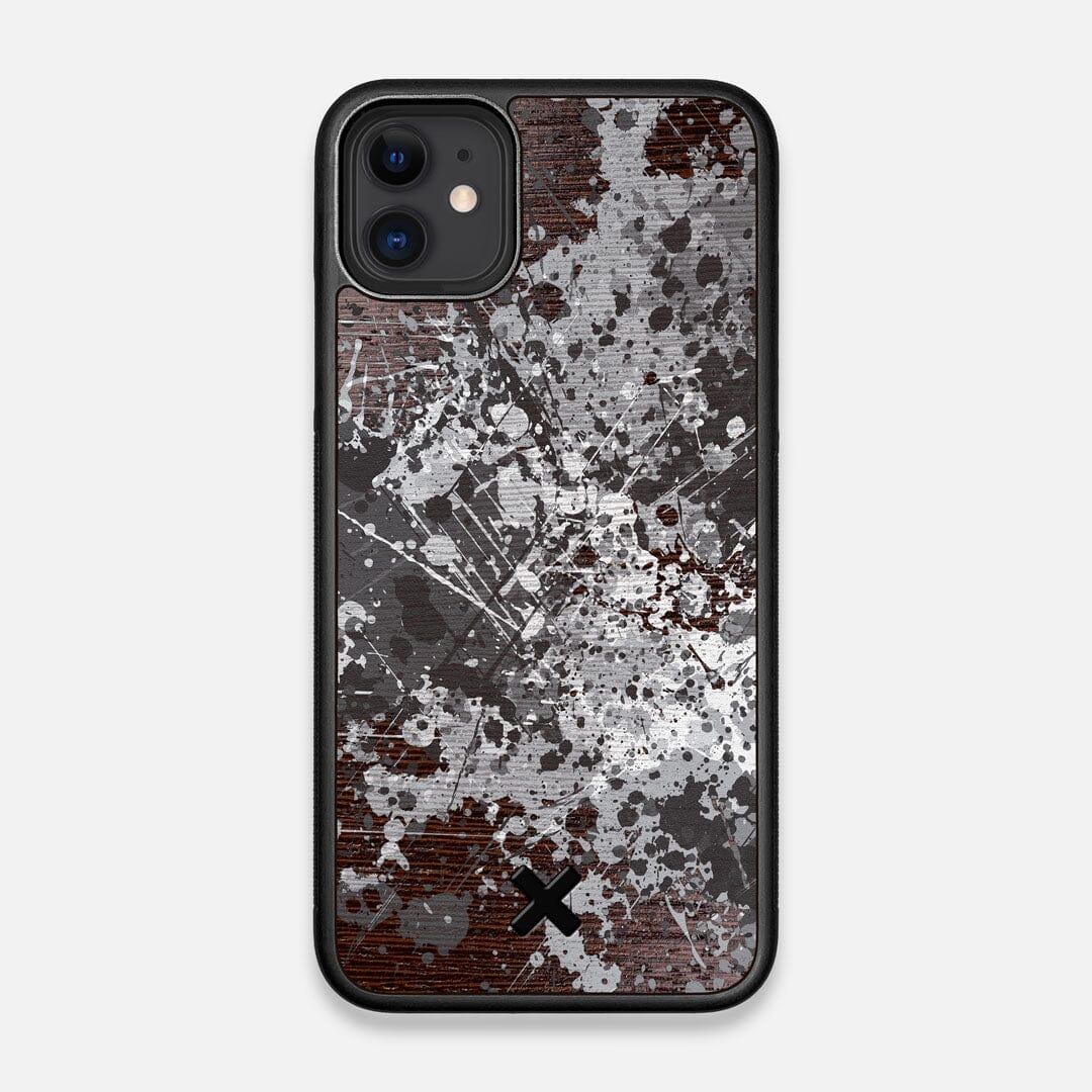 Front view of the aggressive, monochromatic splatter pattern overprintedprinted Wenge Wood iPhone 11 Case by Keyway Designs