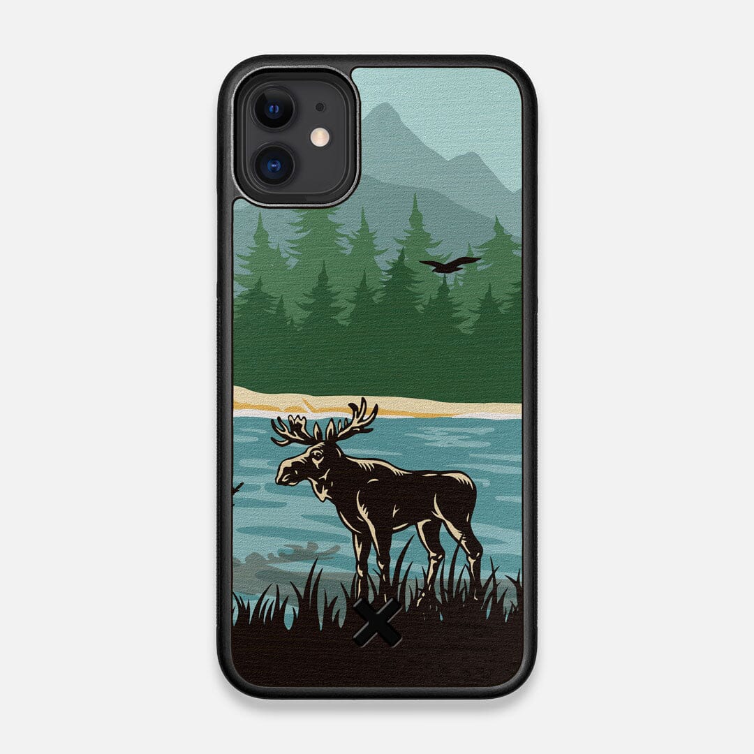 Front view of the stylized bull moose forest print on Wenge wood iPhone 11 Case by Keyway Designs