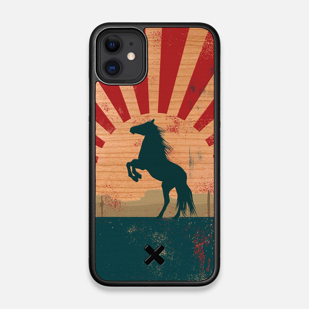 Front view of the epic mustang rearing up printed on Cherry wood iPhone 11 Case by Keyway Designs