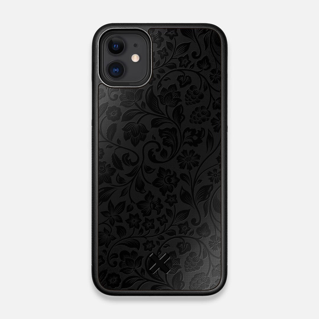 Front view of the highly detailed midnight floral engraving on matte black impact acrylic iPhone 11 Case by Keyway Designs