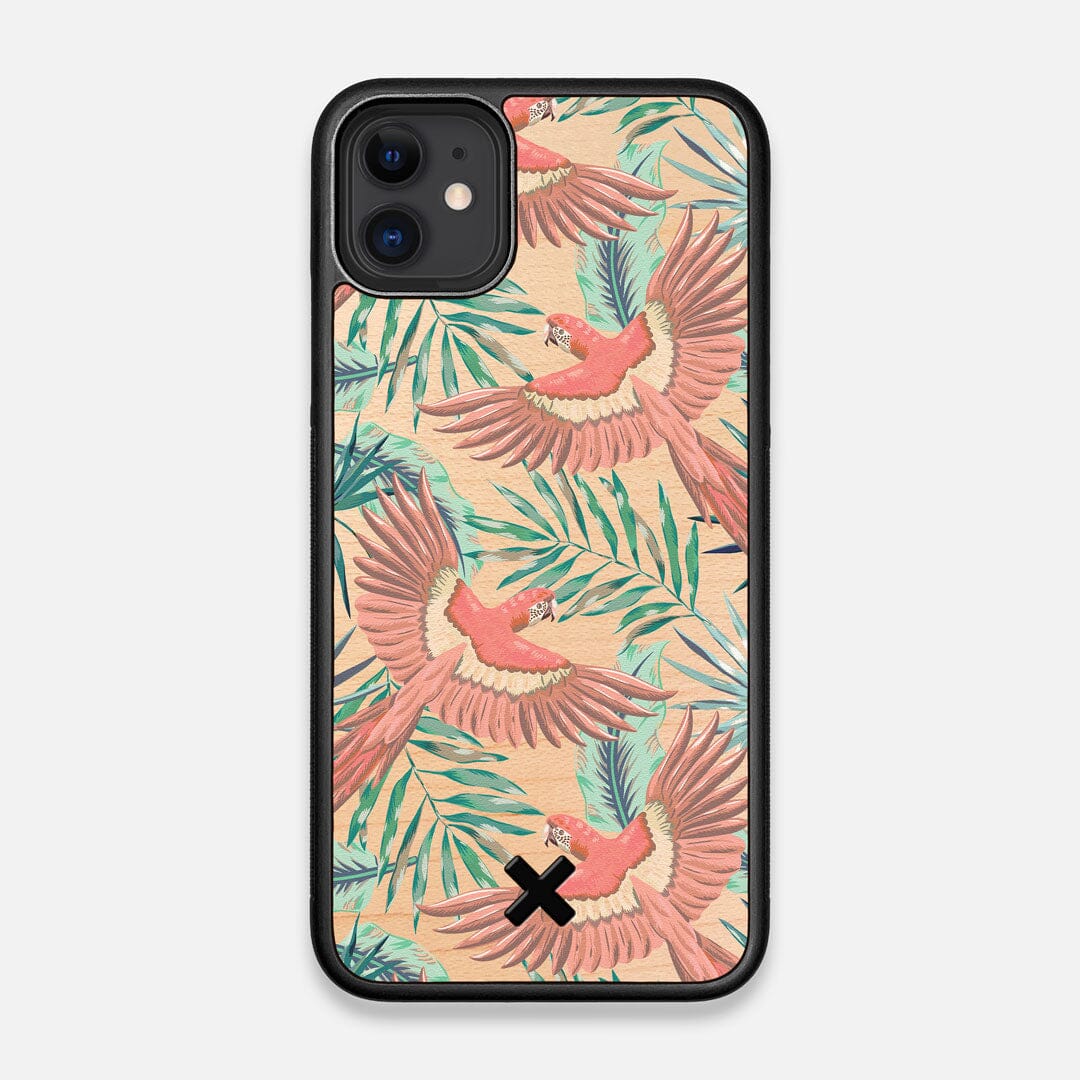 Front view of the Paradise Macaw and Tropical Leaf printed Maple Wood iPhone 11 Case by Keyway Designs
