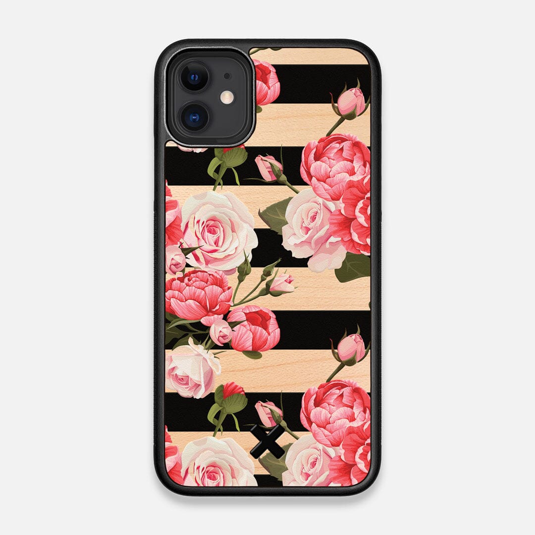 Front view of the artsy print of stripes with peonys and roses on Maple wood iPhone 11 Case by Keyway Designs