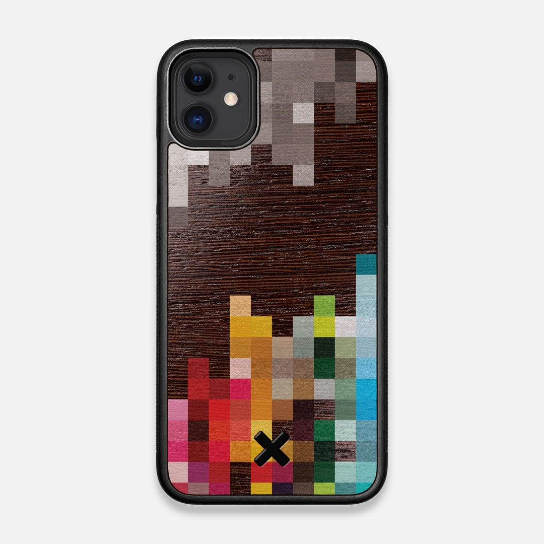 Front view of the digital art inspired pixelation design on Wenge wood iPhone 11 Case by Keyway Designs