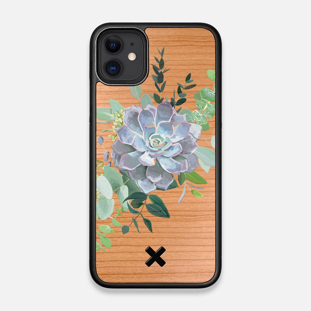 Front view of the print centering around a succulent, Echeveria Pollux on Cherry wood iPhone 11 Case by Keyway Designs