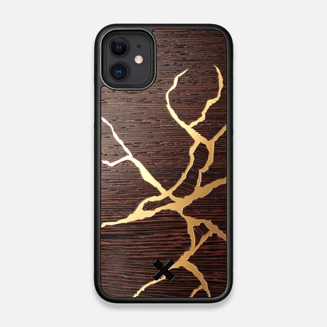 Front view of the Kintsugi inspired Gold and Wenge Wood iPhone 11 Case by Keyway Designs