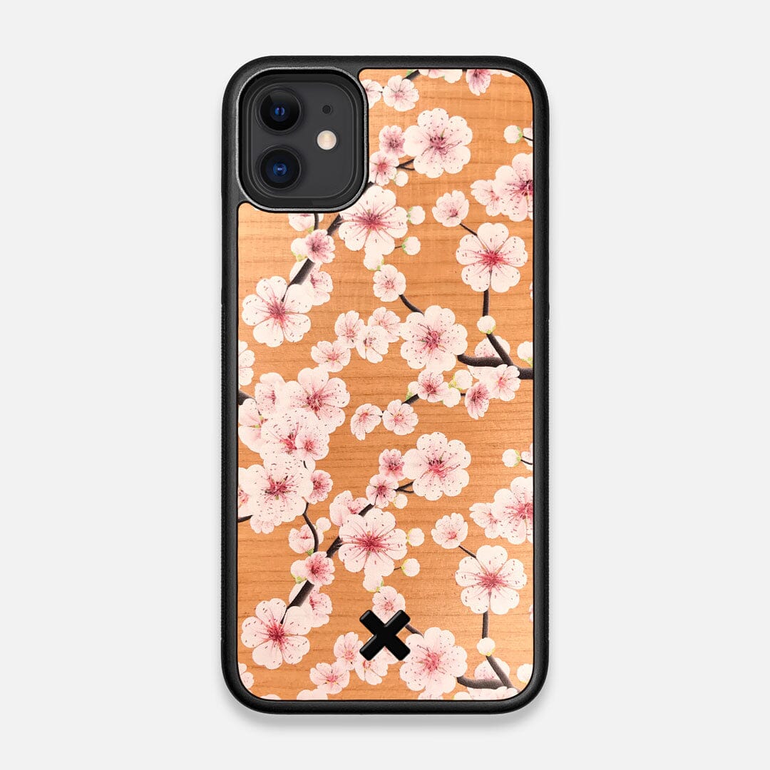 Front view of the Sakura Printed Cherry-blossom Cherry Wood iPhone 11 Case by Keyway Designs
