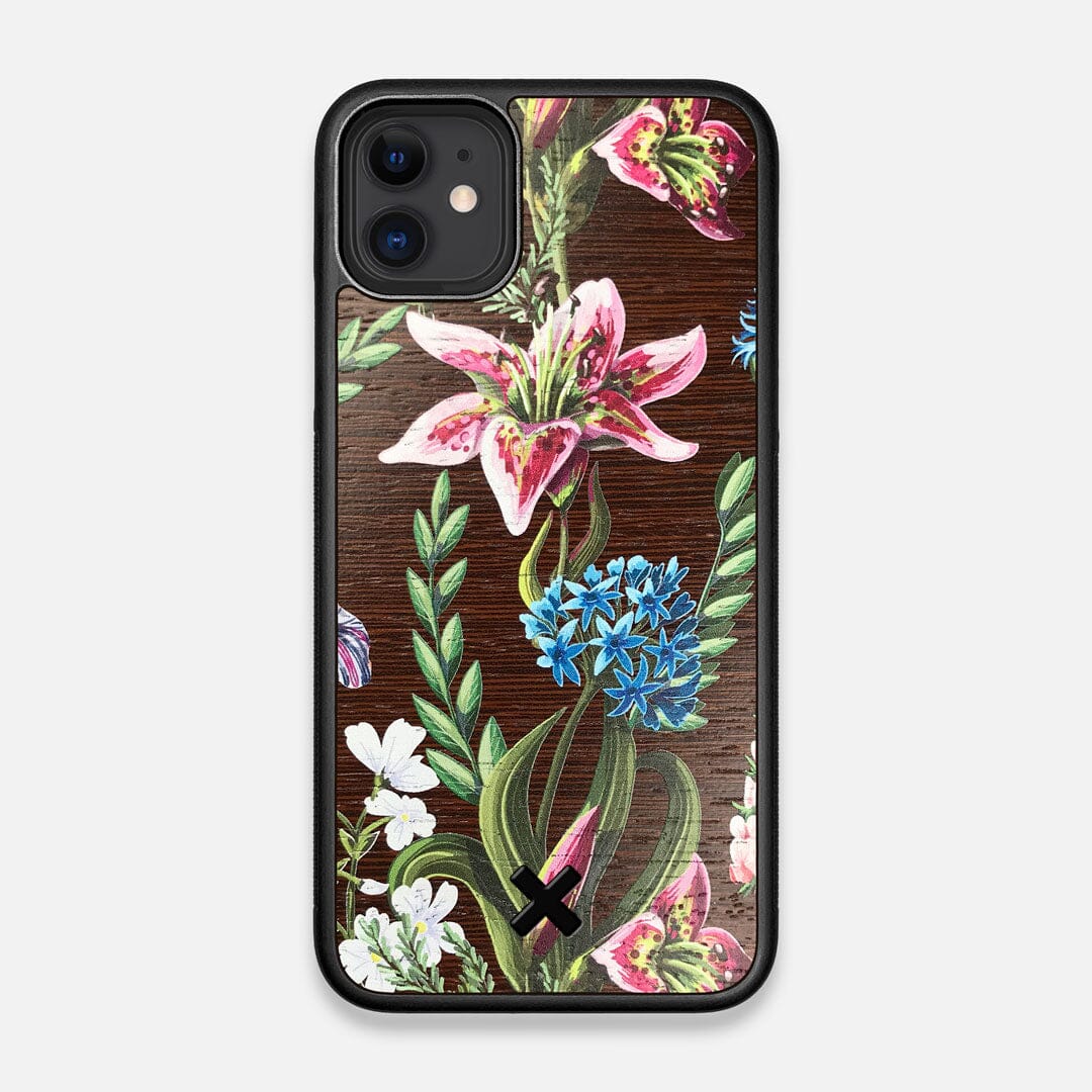 Front view of the Stargazer Lily printed Wenge Wood iPhone 11 Case by Keyway Designs