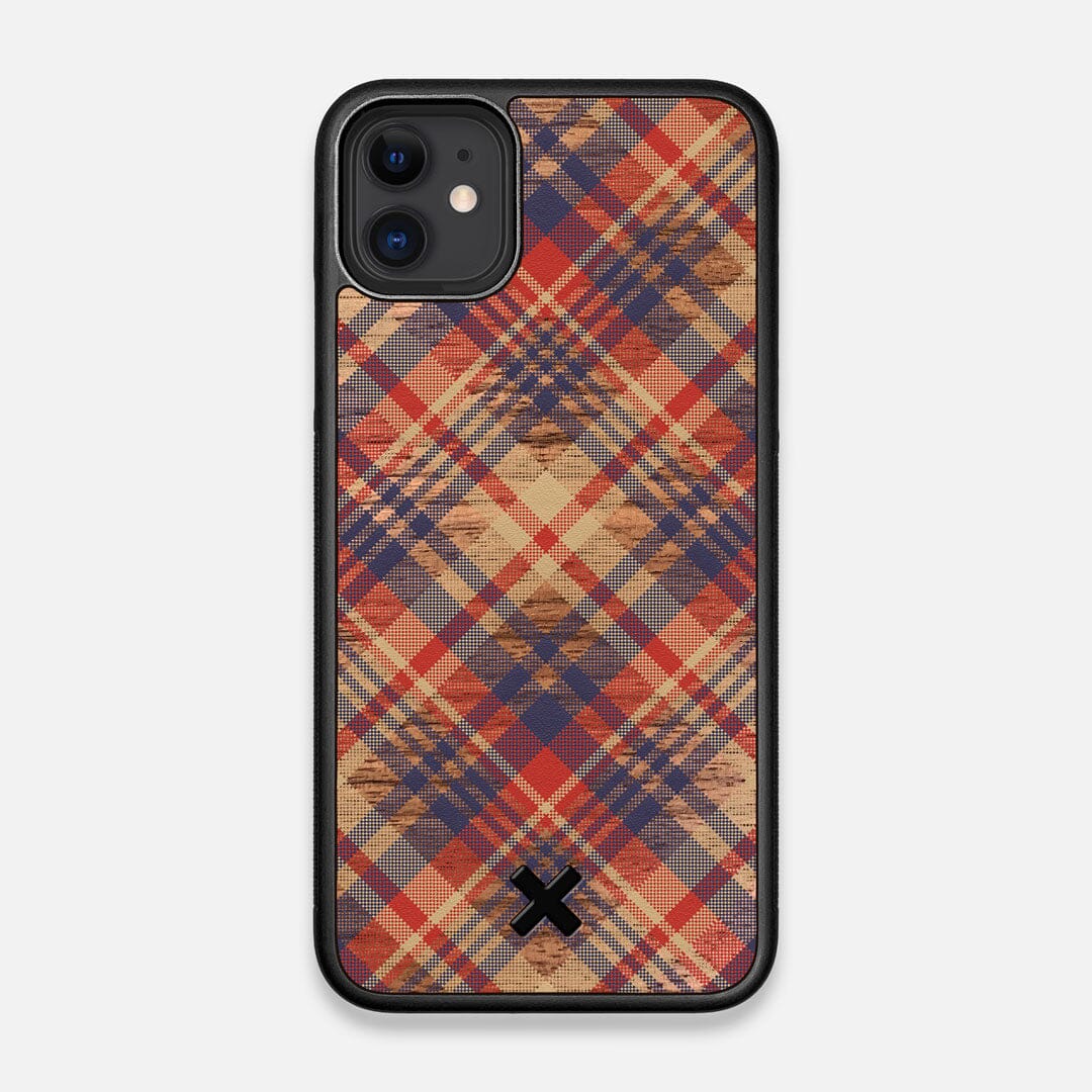 Front view of the Tartan print of beige, blue, and red on Walnut wood iPhone 11 Case by Keyway Designs