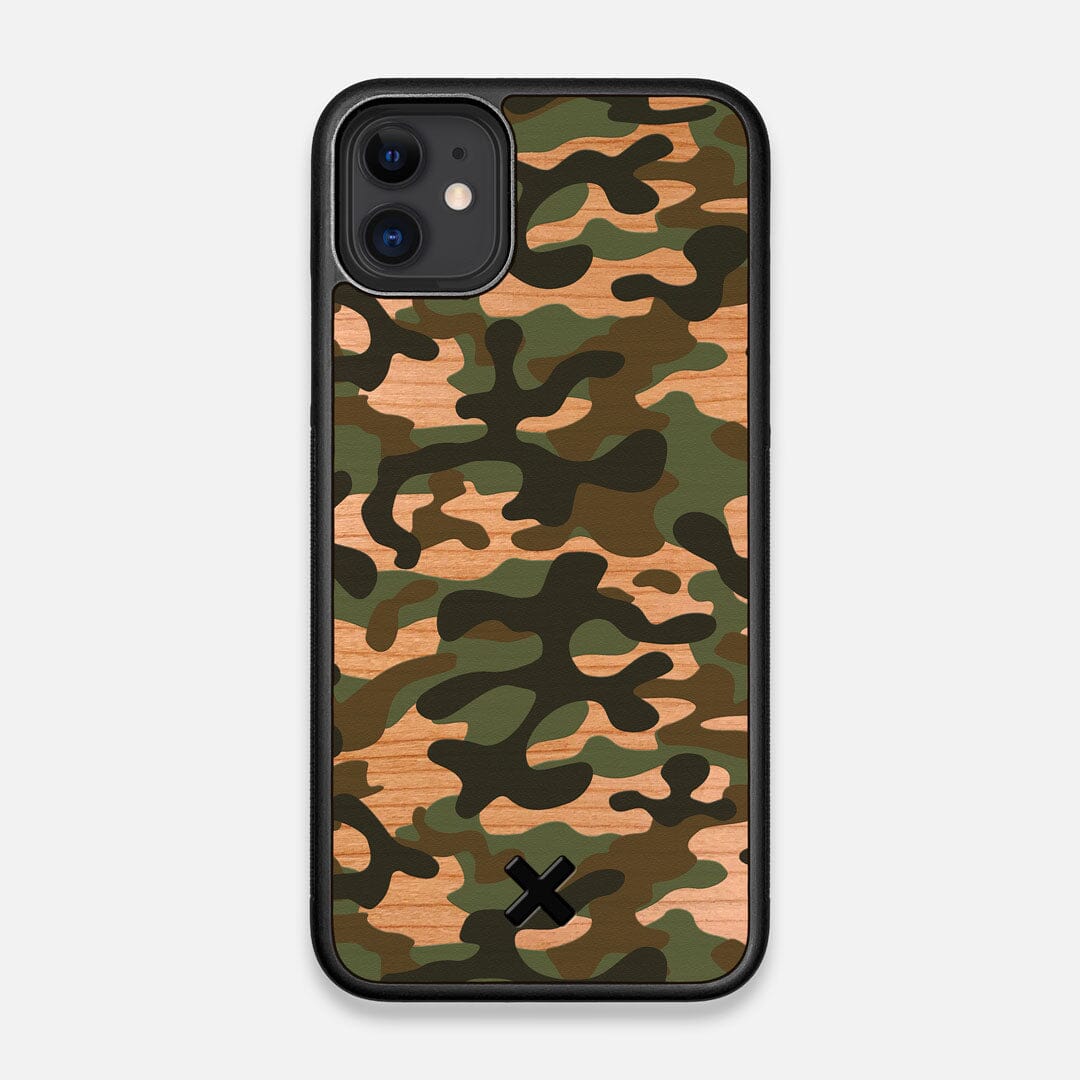 Front view of the stealth Paratrooper camo printed Wenge Wood iPhone 11 Case by Keyway Designs