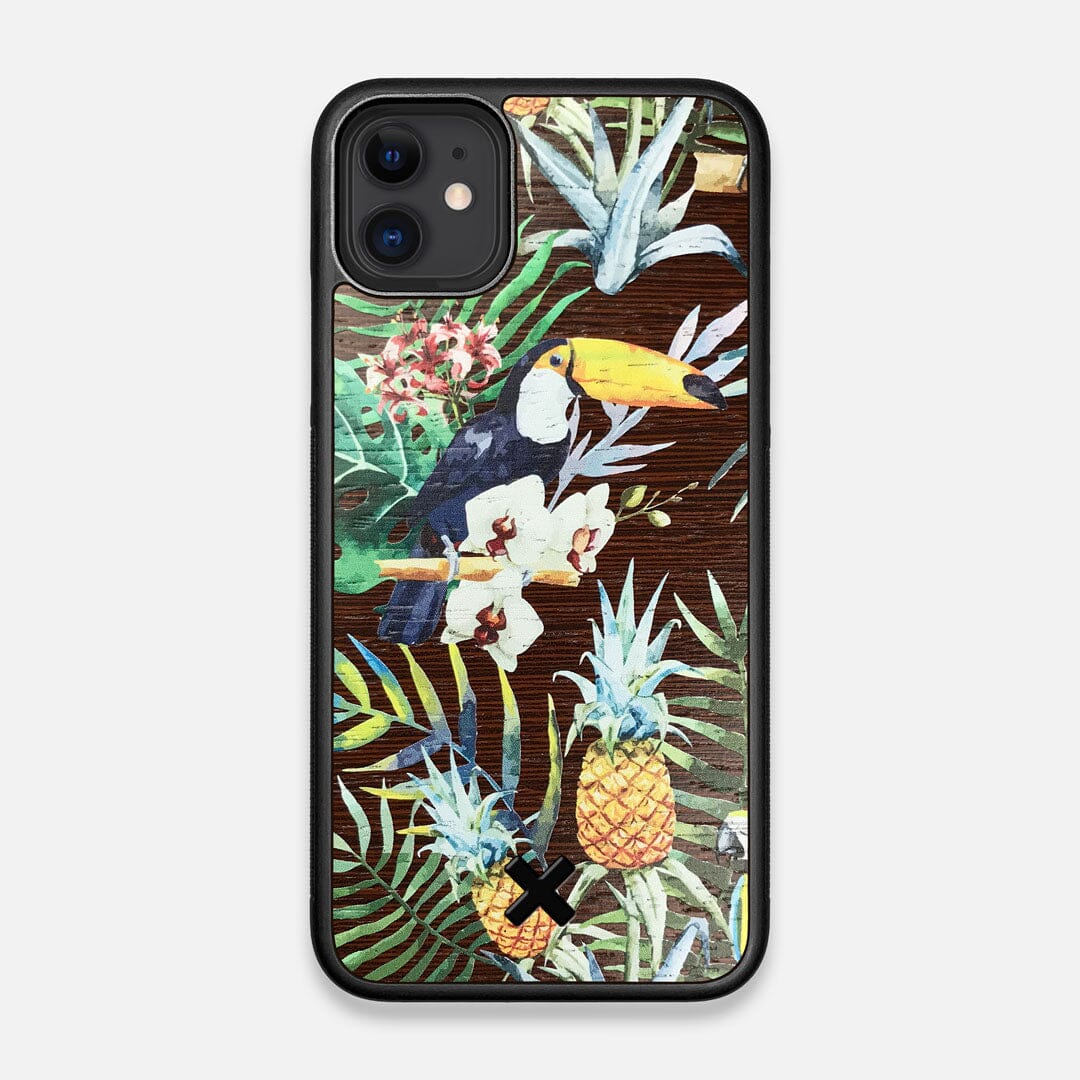 Front view of the Tropic Toucan and leaf printed Wenge Wood iPhone 11 Case by Keyway Designs