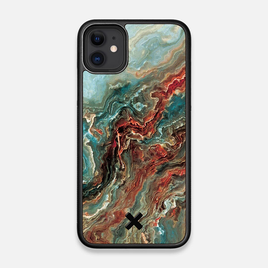 Front view of the vibrant and rich Red & Green flowing marble pattern printed Wenge Wood iPhone 11 Case by Keyway Designs