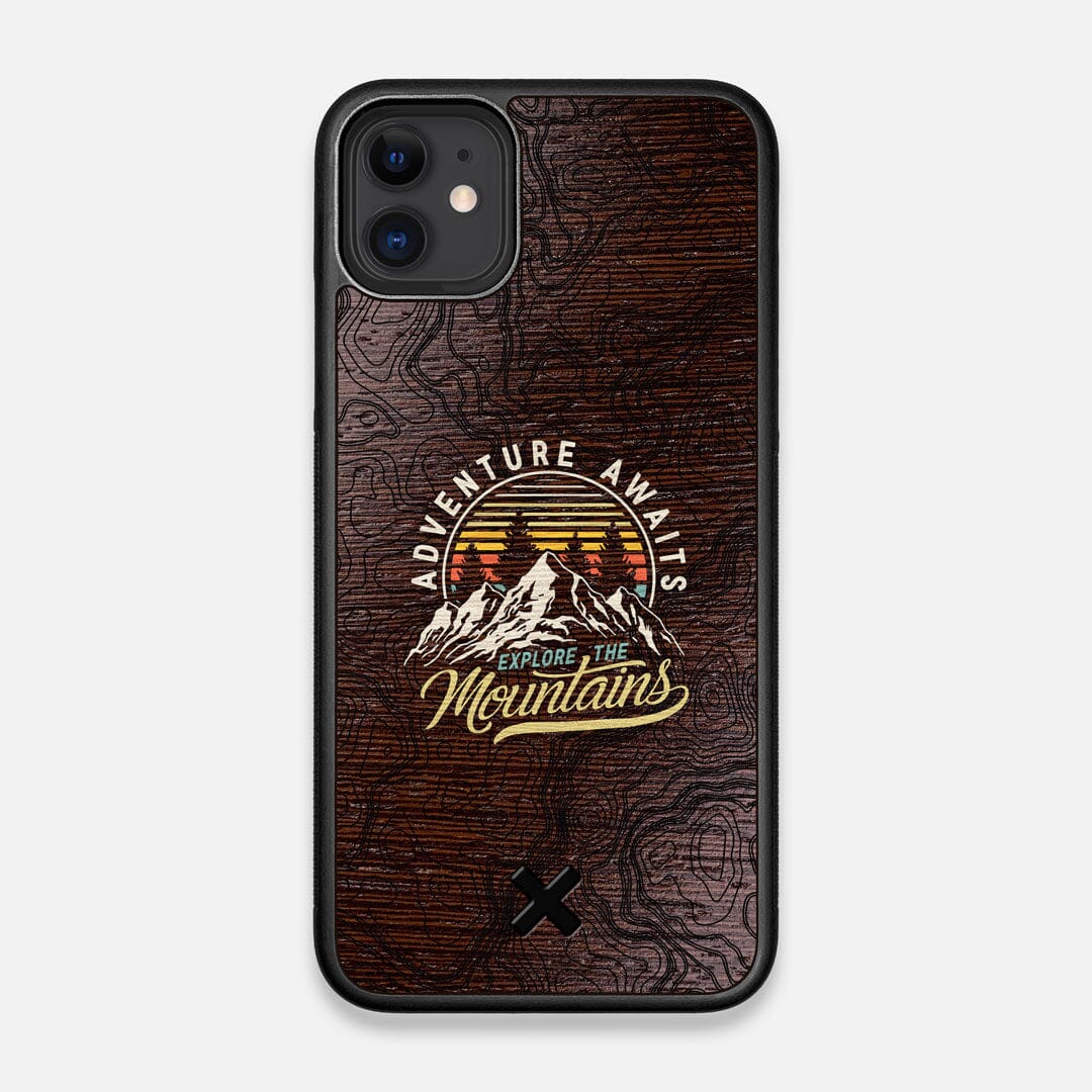 Front view of the crisp topographical map with Explorer badge printed on matte black impact acrylic iPhone 11 Case by Keyway Designs